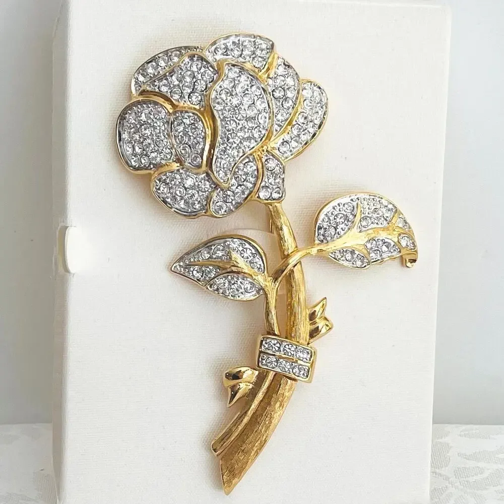 Vtg Nolan Miller Pave Rose Austrian Crystal Gold-P Brooch Pin Y2K Dynasty 90s